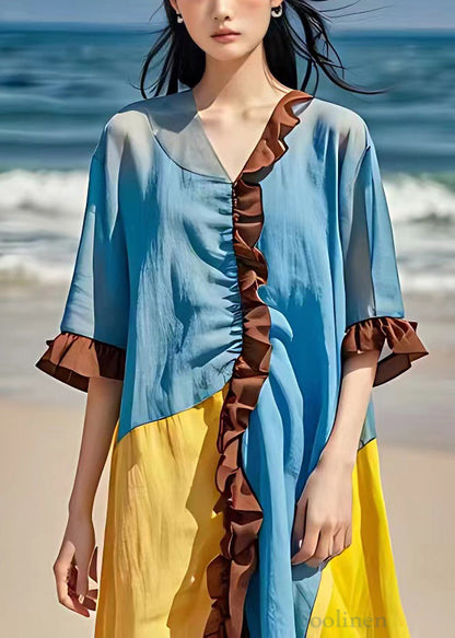 New Sky Blue V Neck Ruffled Patchwork Cotton Dress Butterfly Sleeve