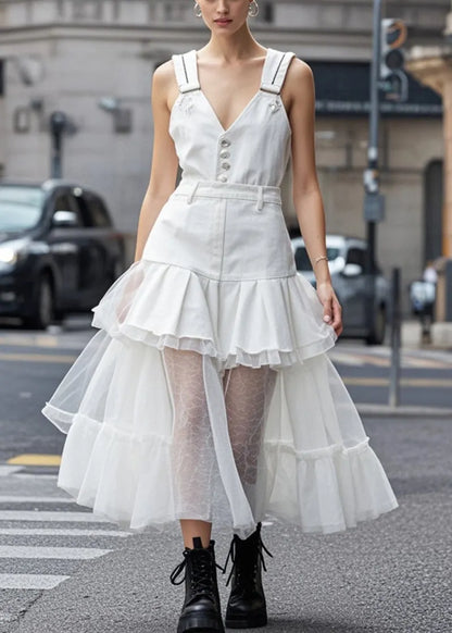 White V Neck Tulle Patchwork Denim Dress Summer
