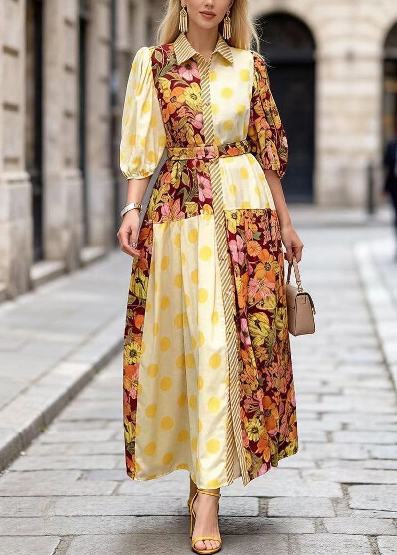 Modern Yellow Peter Pan Collar Print Cotton Dresses Summer