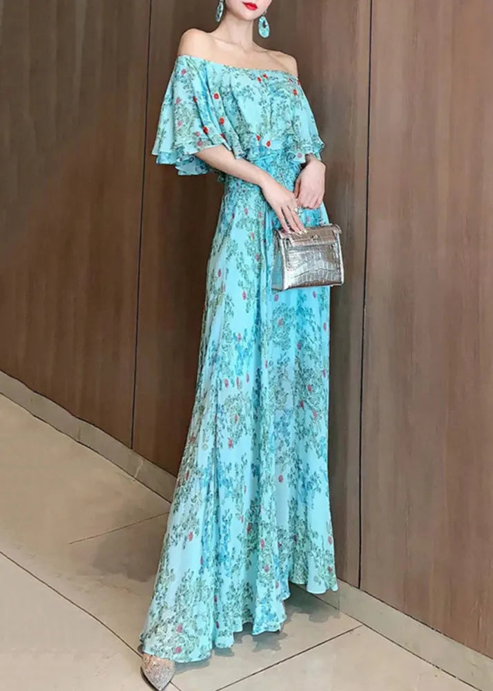 Vogue Blue Slash Neck Chiffon Vacation Dresses Summer