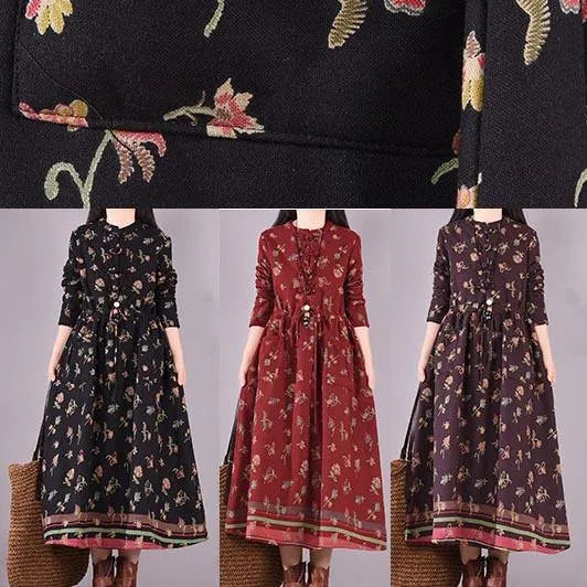 Simple Burgundy Print Dress Drawstring Spring Dresses