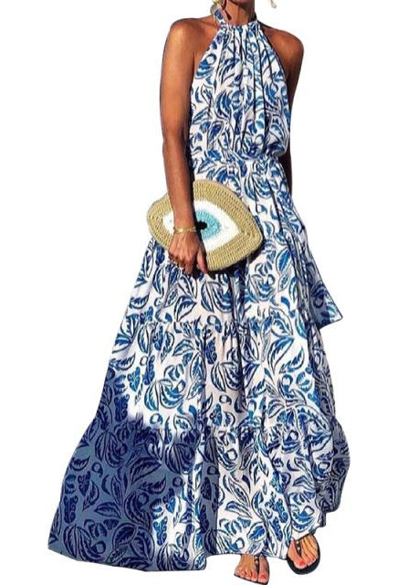 Italian Green Backless Print Cotton Maxi Halter Dresses Summer