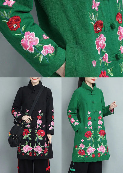 Green Stand Collar Embroideried Cotton Coats Fall