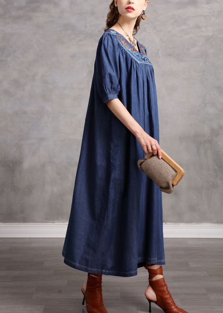 Blue V Neck Embroideried Exra Large Hem Cotton Vacation Dresses Half Sleeve