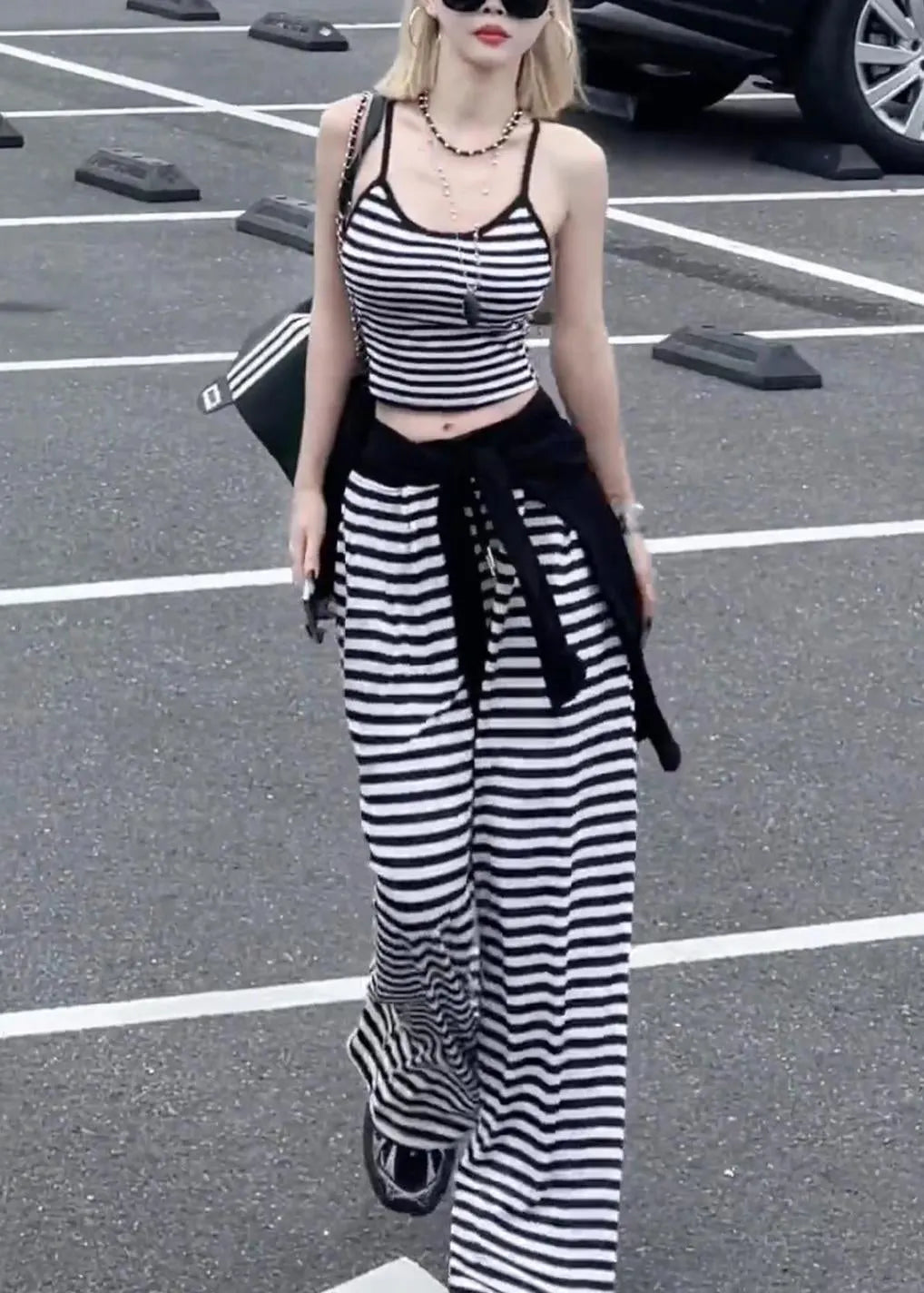 Striped Black Tops and Wide Leg Pants Cotton Three-piece Set Fall
