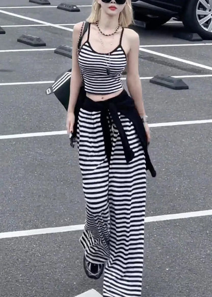 Striped Black Tops and Wide Leg Pants Cotton Three-piece Set Fall