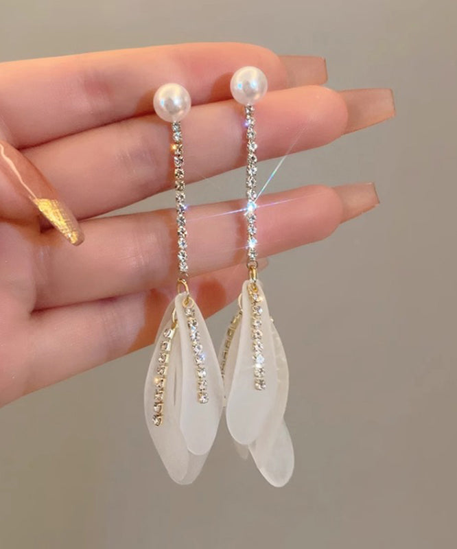 White Alloy Zircon Pearl Petal Tassel Drop Earrings