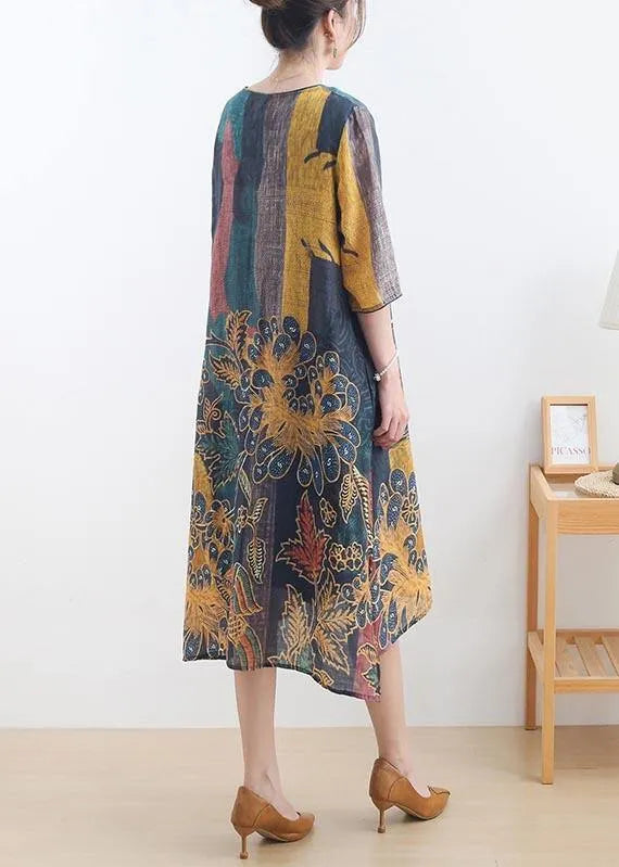 Yellow Green Print Linen O-neck Summer Maxi Dresses