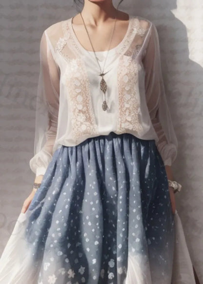 White Print Hollow Out Silk Robe Dresses Summer