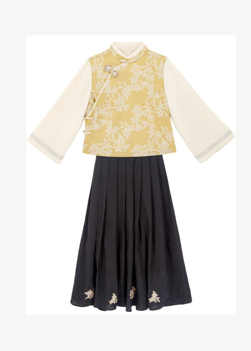 New Retro Yellow Top and Skirt Silk Two Pieces Set Autumn