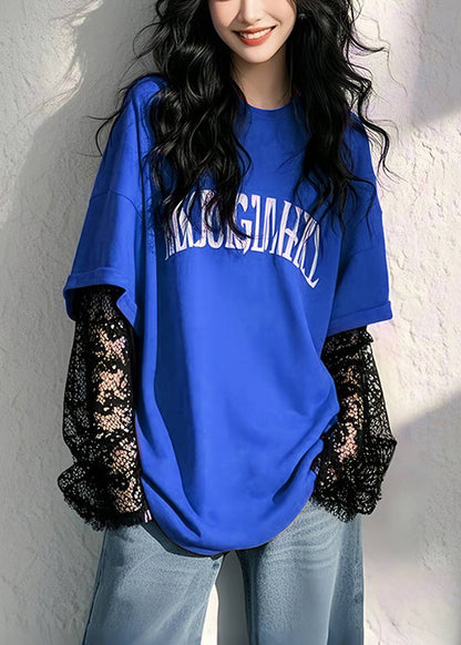New Green Letter False Two Pieces Lace Patchwork T Shirts Fall