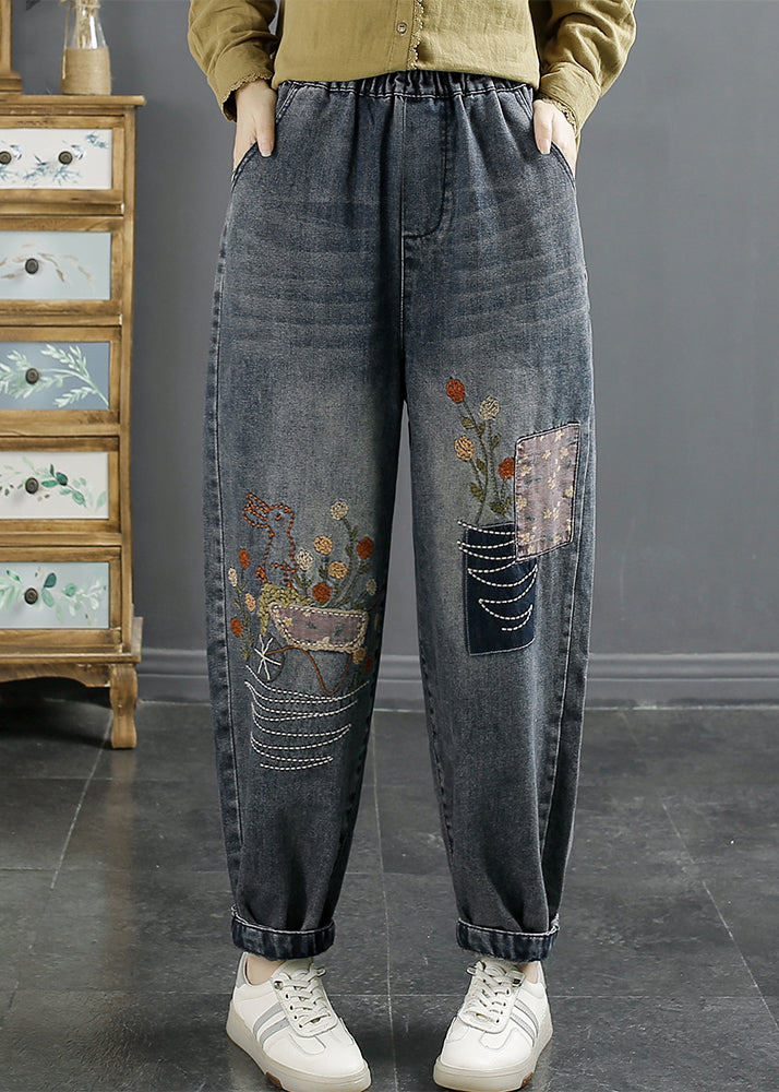 Natural Blue Embroideried Pockets Elastic Waist Denim Pants Fall
