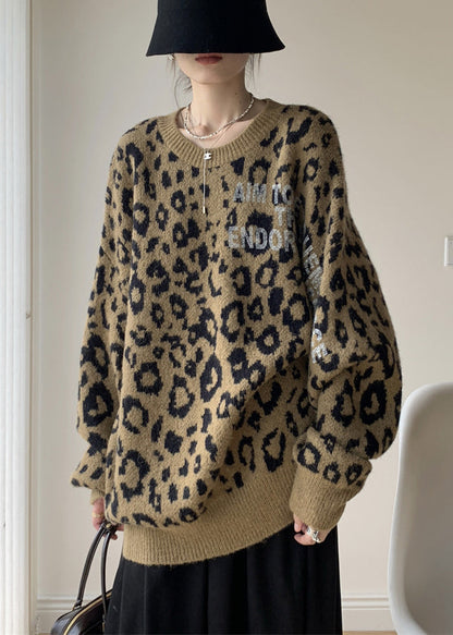 Khaki Leopard O Neck Cozy Knit Sweater Winter