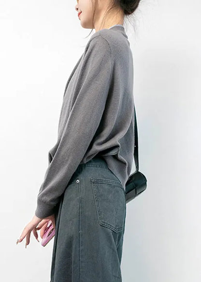 Grey O Neck Button Cotton Knit Coats Long Sleeve
