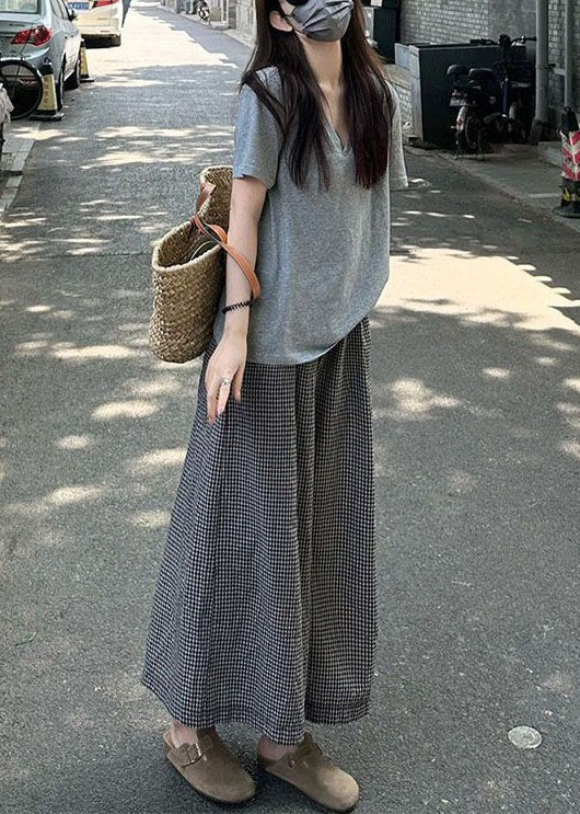 Grey O Neck T Shirt and Plaid Crop Pants Cotton Two Pieces Set Summer
