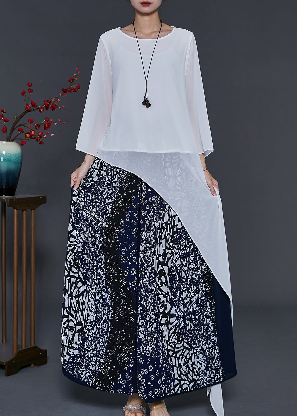 Style Asymmetrical Patchwork Chiffon Two Pieces Set Summer