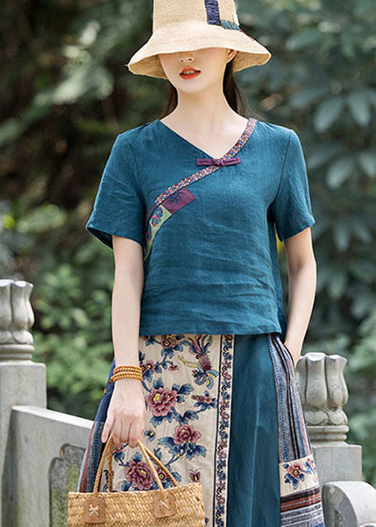 Peacock Blue Button V Neck Embroideried Linen Shirt Top Spring