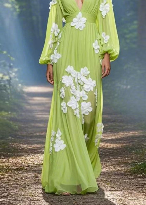 Classy Green V Neck Decorated Chiffon Maxi Dress Spring