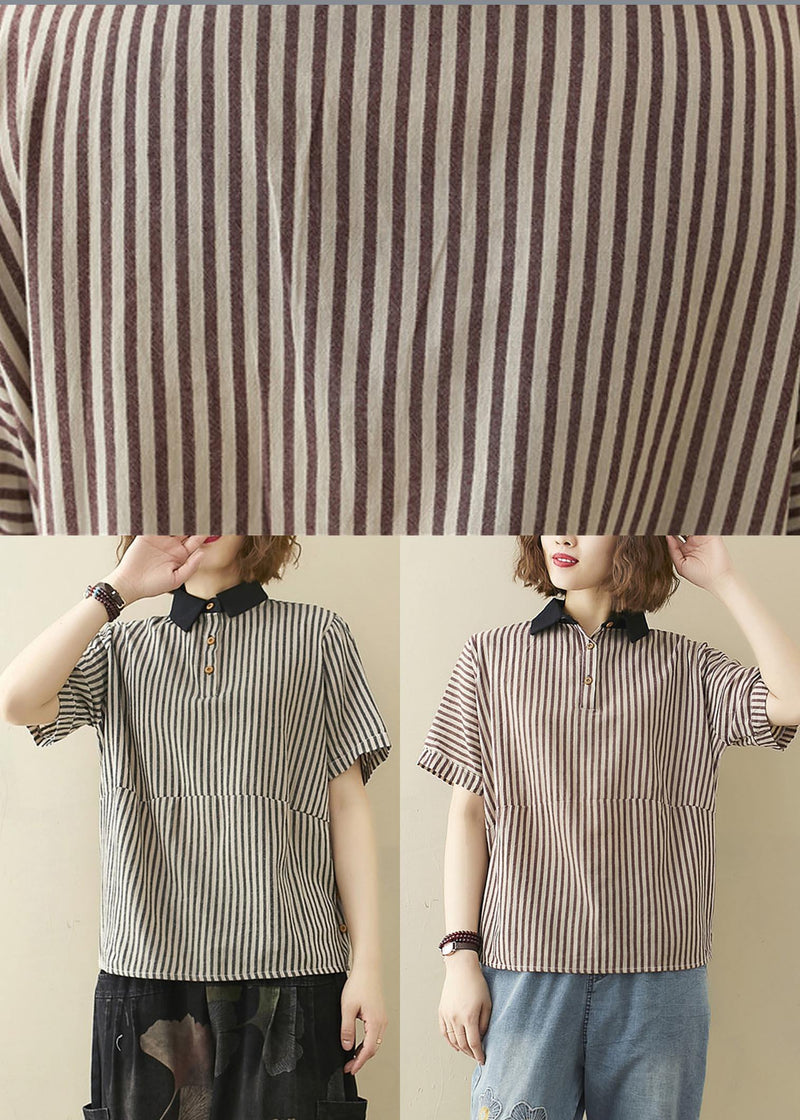 French Black Striped Turn-down Collar Linen Summer Top