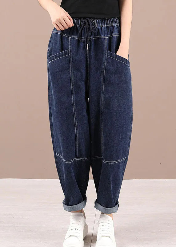 Blue Tie Waist Pockets Fall Patchwork Harem Pants