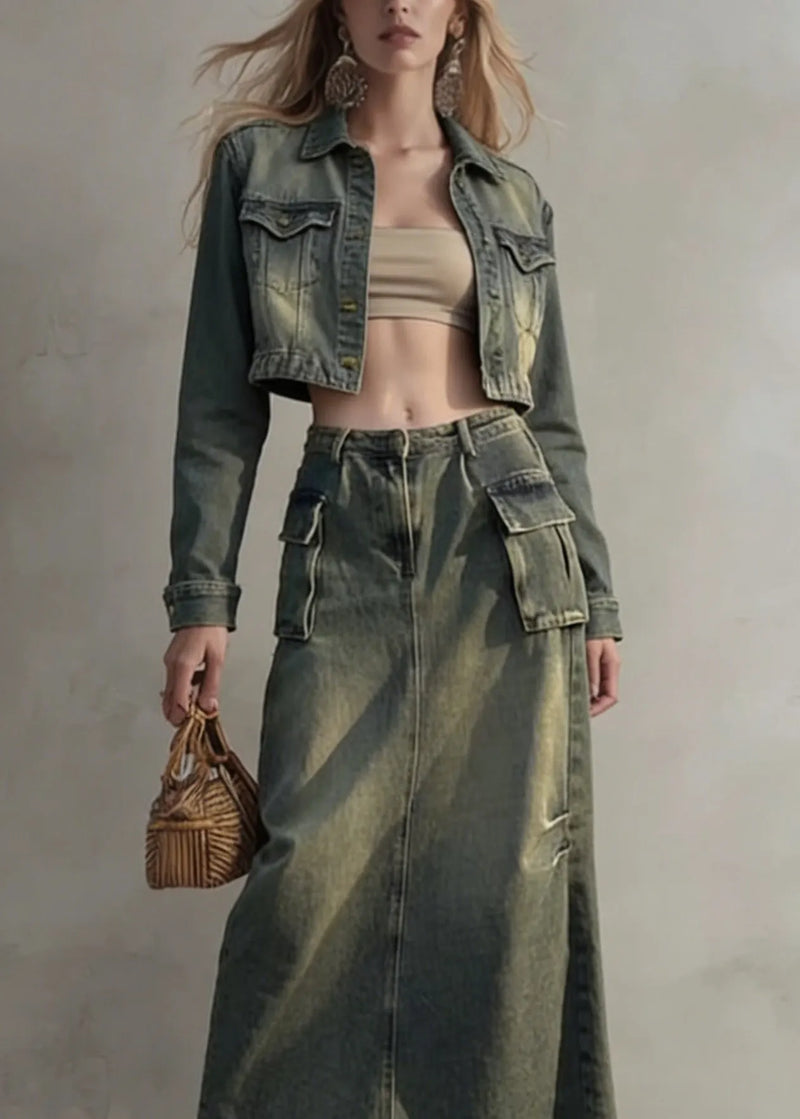 Stylish Peter Pan Collar Coat and Skirts Denim Two Pieces Set Spring