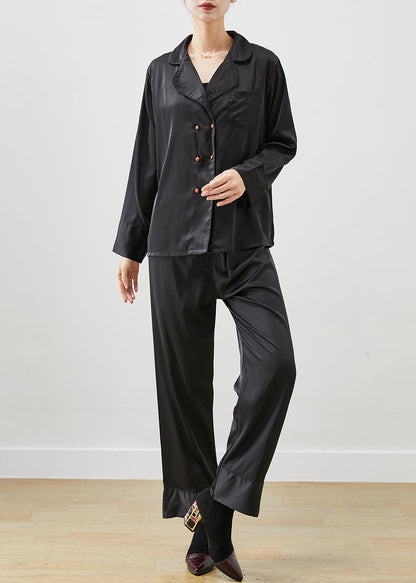 Black Peter Pan Collar Double Breast Ice Silk Two Piece Set Clothing Fall