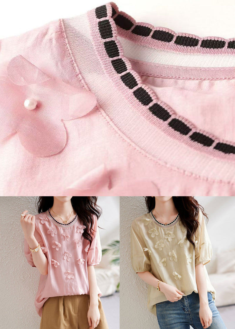 Pink Knit Patchwork Chiffon Shirt Summer