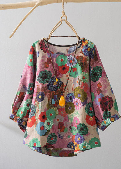 Blue O-neck Oversized Print Linen Blouses Bracelet Sleeve