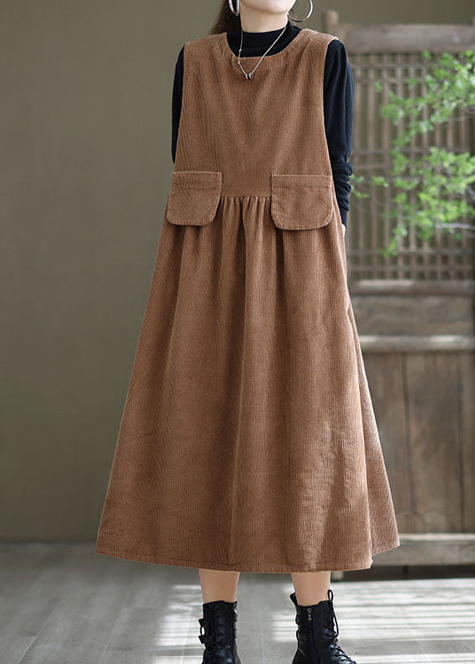Loose Light Orange O-neck Patchwork Corduroy Party Dress Sleeveless Spring