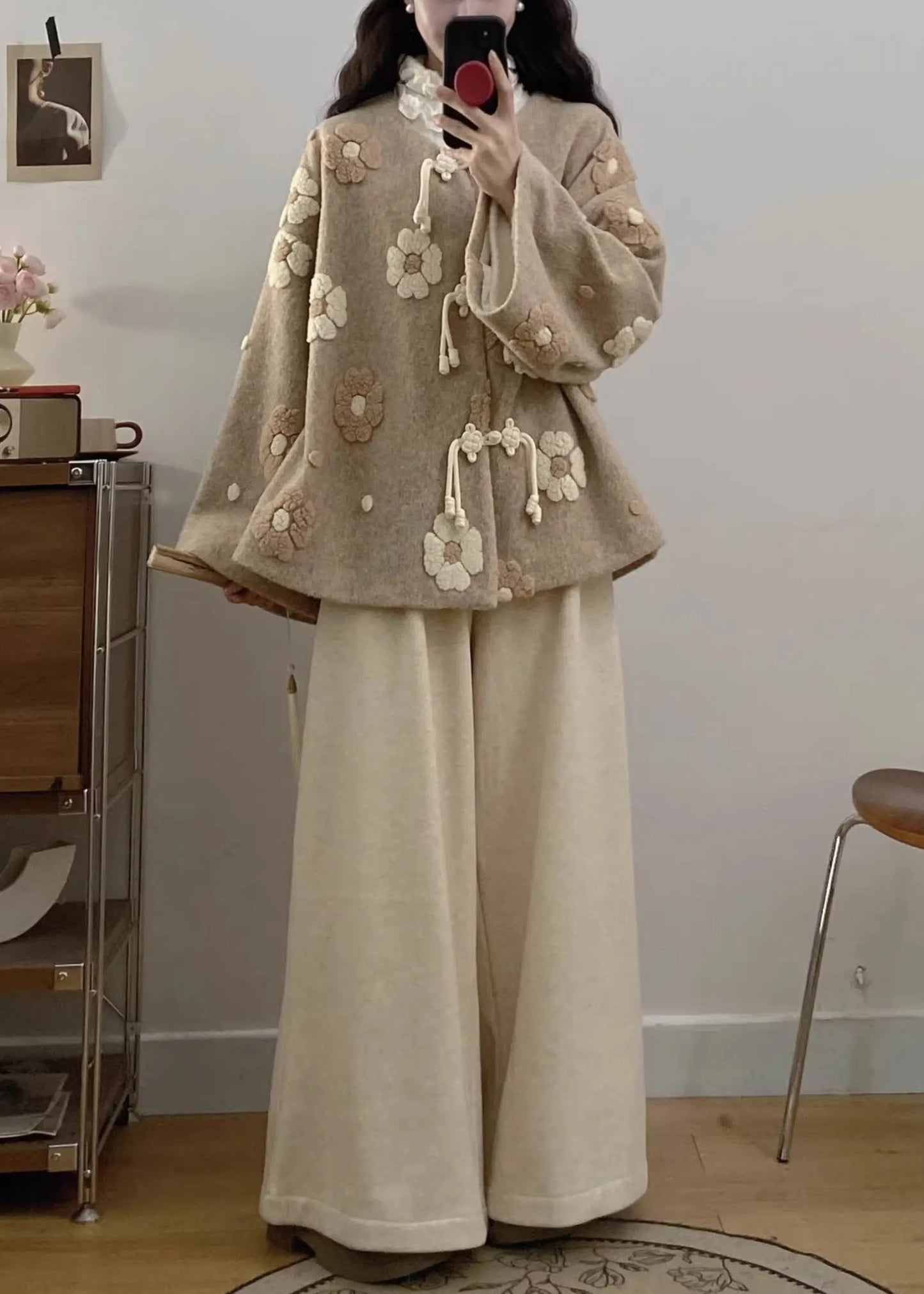 Apricot Chinese Button Coat and Wide Leg Pants Woolen Two Pieces Set Fall