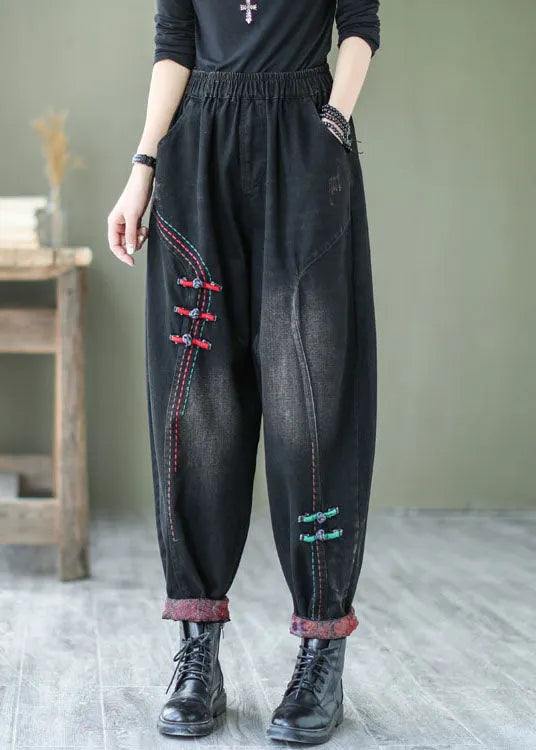 Natural Black Button Denim Harem Pants Spring