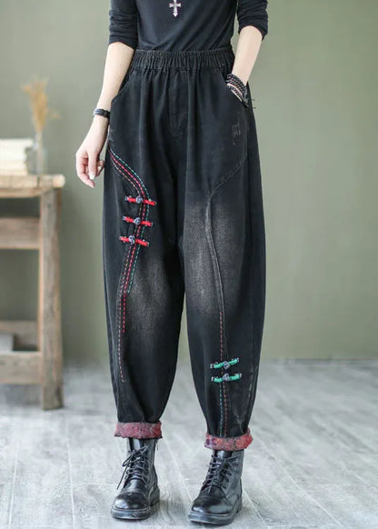 Natural Black Button Denim Harem Pants Spring