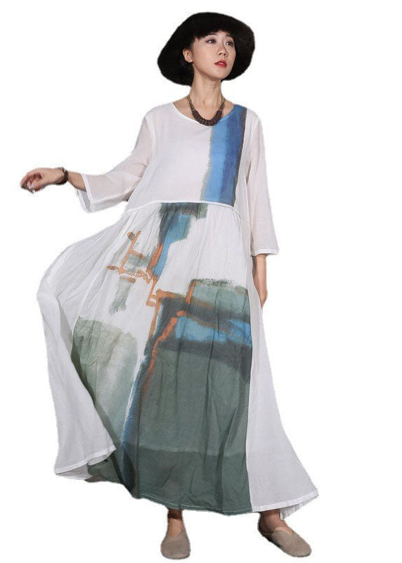 White Print Cotton Long Dress Spring