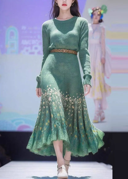 Green Print High Waist Cotton Knit Sweater Dress Winter