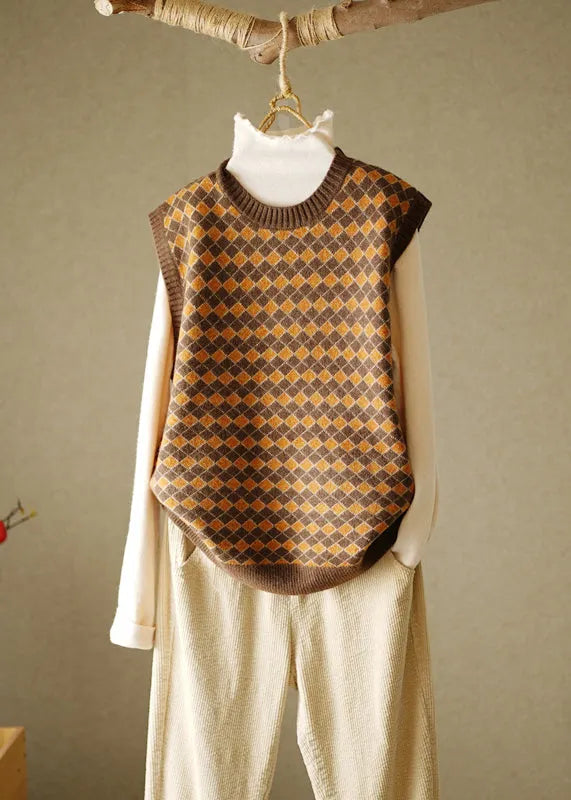 Navy O-neck Plaid Knitted Cotton Thread Waistcoat Fall