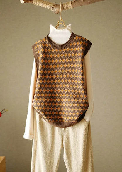 Navy O-neck Plaid Knitted Cotton Thread Waistcoat Fall
