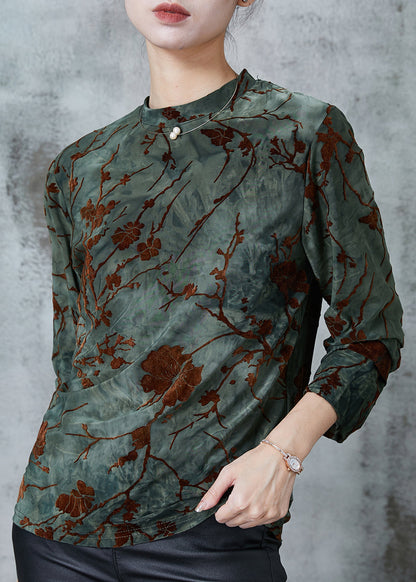 Blackish Green Jacquard Silk Velour Shirts Spring