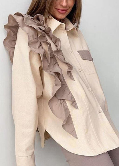 Apricot Ruffled Peter Pan Collar Ruffled Patchwork Shirt Spring