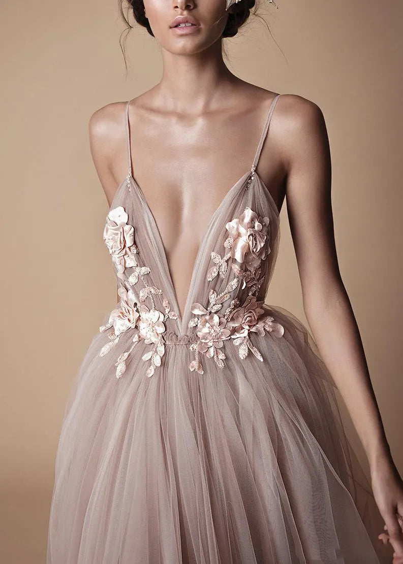 Classy V Neck Tulle Spaghetti Strap Dress Summer