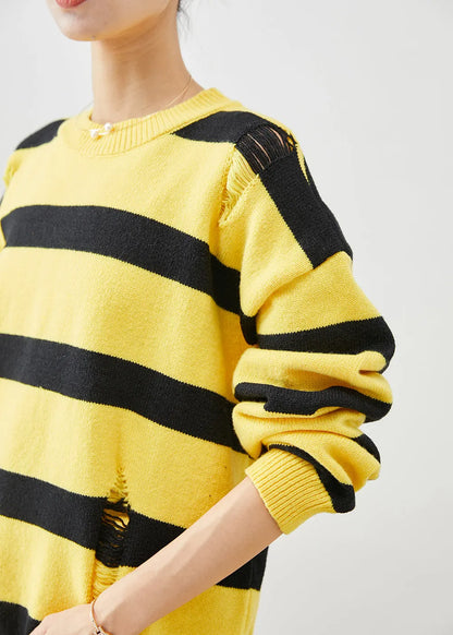 Yellow Oversized Striped Knit Ripped Two Pieces Set Fall