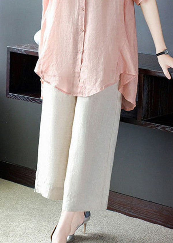 Classy Pink Stand Collar Embroideried Button Cotton Long Shirts and Pants Two Pieces Set Half Sleeve
