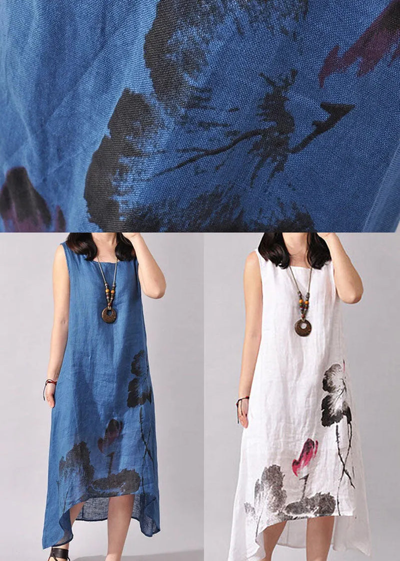 Blue Folk Style Ink Painting Sleeveless Dress Summer