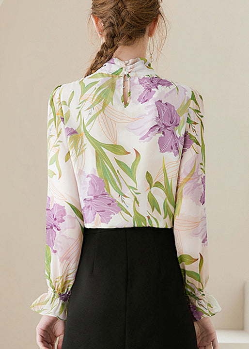 Apricot Print Patchwork Chiffon Blouses Flare Sleeve