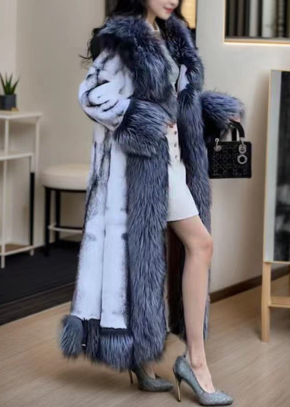 Natural White Fox Collar Tie Waist Leather and Fur Maxi Coats Winter
