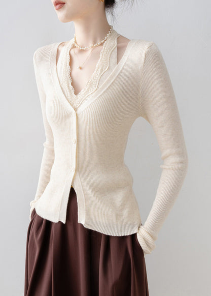 Apricot V Neck Lace Patchwork Knit Sweater Spring