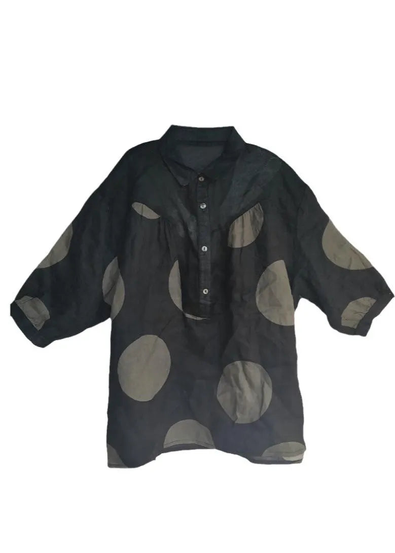 Black Peter Pan Collar Dot Linen Shirt Tops Half Sleeve