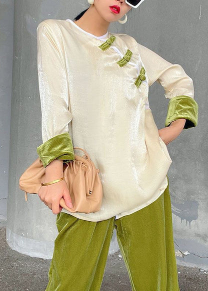 White O-neck Velour Top and Green Wide Leg Pants Two Pieces Set Spring