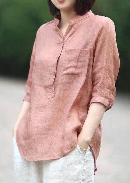 Pink Stand Collar Pockets Linen Blouses Top Half Sleeve