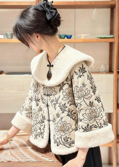 Apricot Fur Collar Embroidered Coats Winter