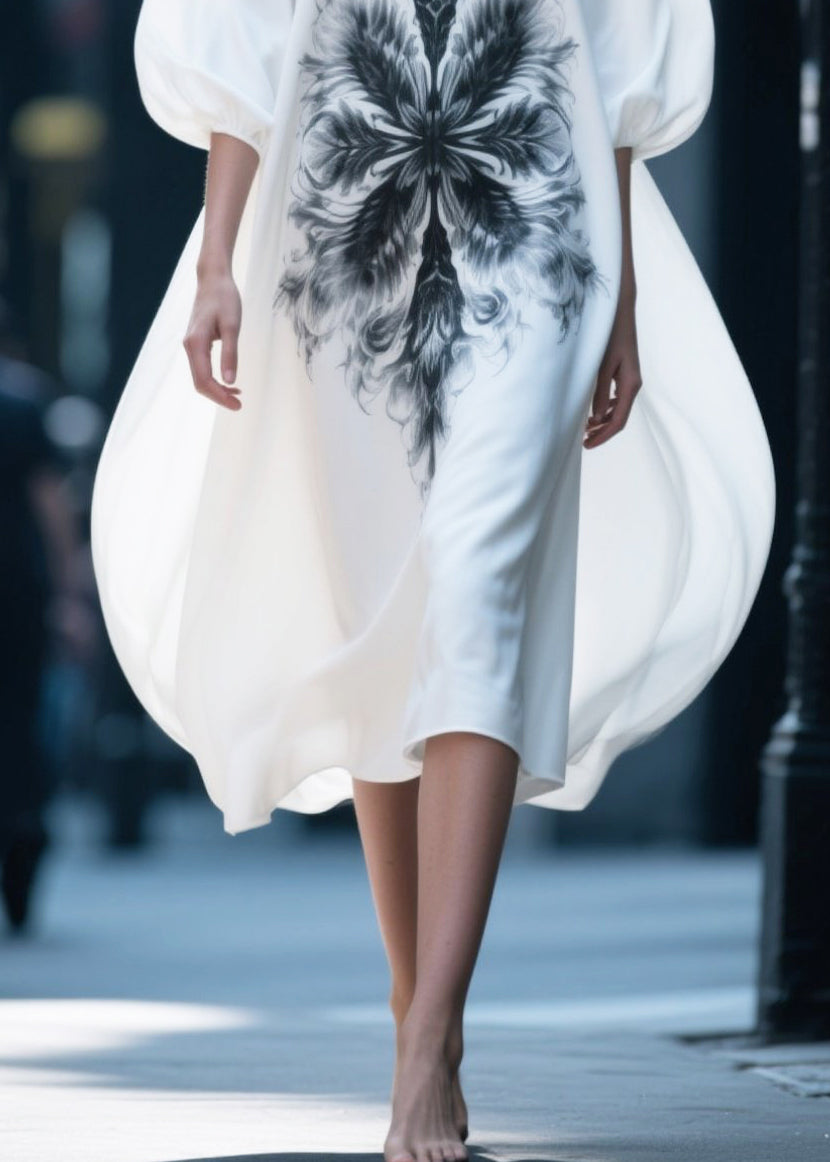 White Oversized Print Chiffon Vacation Dresses Puff Sleeve